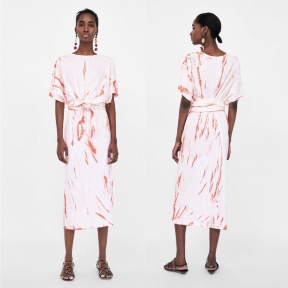 Zara Tie Dye Waist Tie Coral and White Midi Dress
